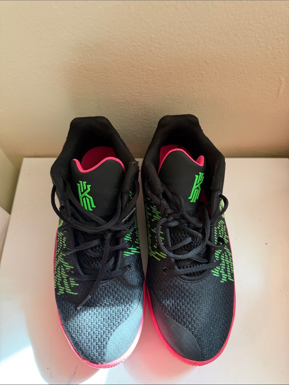 Kids Black Sneakers with Neon Green Logo and Pink Soles